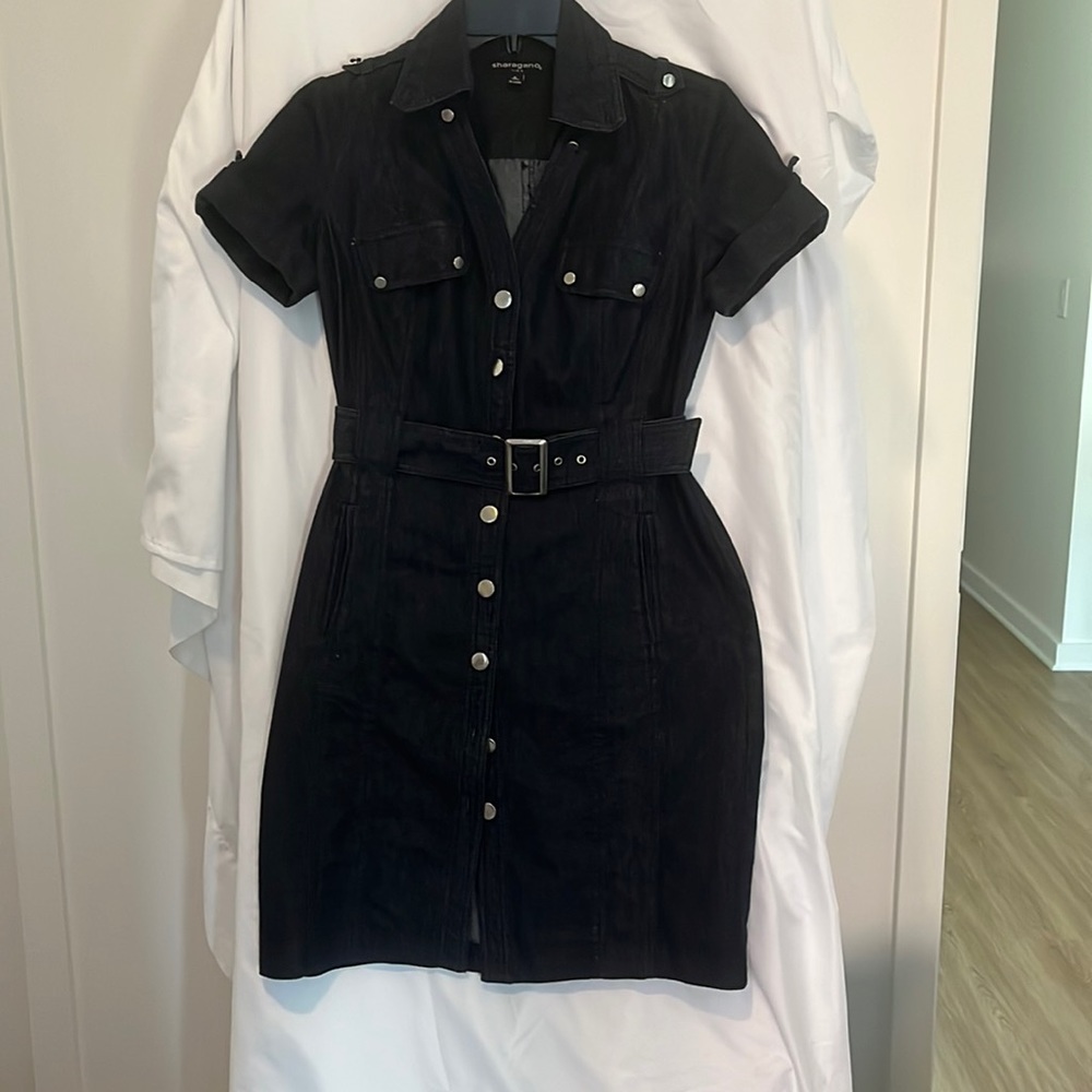 Belted denim dress.